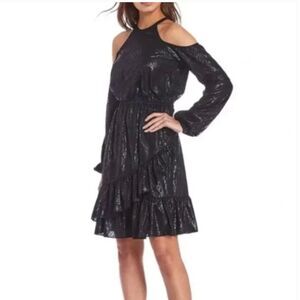 Michael Kors Cold‎ Shoulder Flounce Dress Black Metallic Snakeskin Size Medium